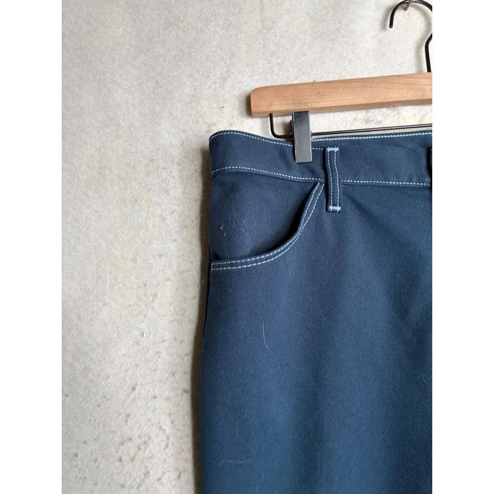 Vintage Farah Mens Navy Blue Trousers Contrast Stitch Polyester Pants USA SZ 37